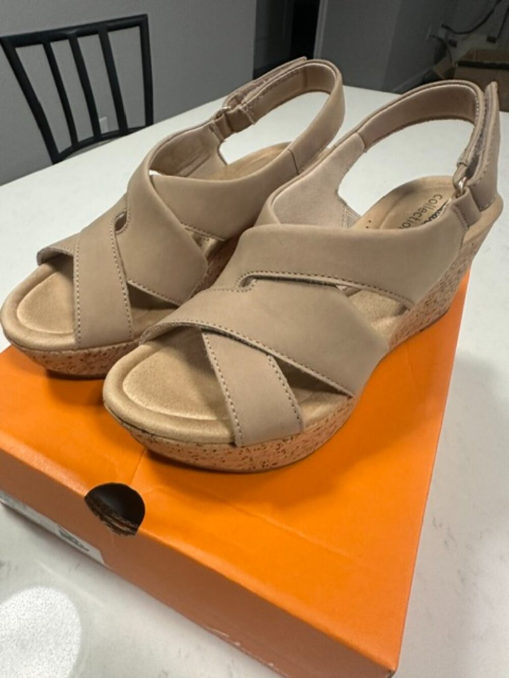 Clarks Collection Rose Grace Sand Nubuck Cork Wedge Sandals NIB Size 6.5 M 88260